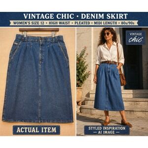 VTG 80s 90s Chic Denim Midi Skirt Pleated High Waist Medium Wash USA Made Sz 20